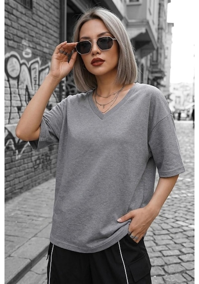 Zey Oversize V Yaka Basic Kadın Tişört - Düşük Omuzlu Salaş Kesim Gri