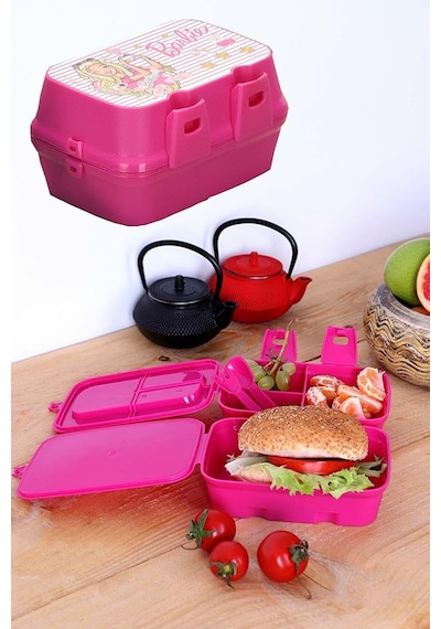 Lisanslı 4 Bölmeli Beslenme Kutusu Yemek Saklama Kabı - Beslenme Çantası Çocuk Piknik Seti Mama Kabı Barbie