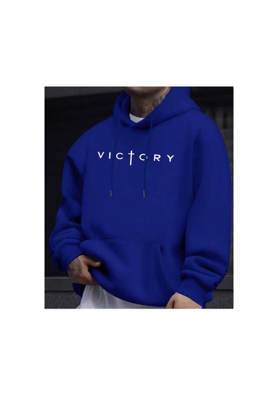 Herkesemoda Victory Yazı Detaylı İçi Polarlı Kapüşonlu Sweatshirt Mavi