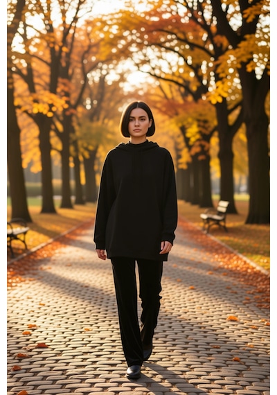 Benerly Kadın Kapüşonlu Düşük Kol Uzun Sweatshirt Fonksiyonel Dayanıklı K siyah