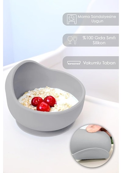 Meleni Baby 5'li Silikon Beslenme Seti - Bebek Mama Önlüğü - Tabak - Vakumlu Kase - Pipetli Bardak - Kaşık-gri Genel
