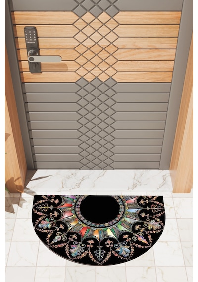 Rugmood Modern Dijital Paspas Siyah Mandala Desen Paspas - Kapı Önü Paspası