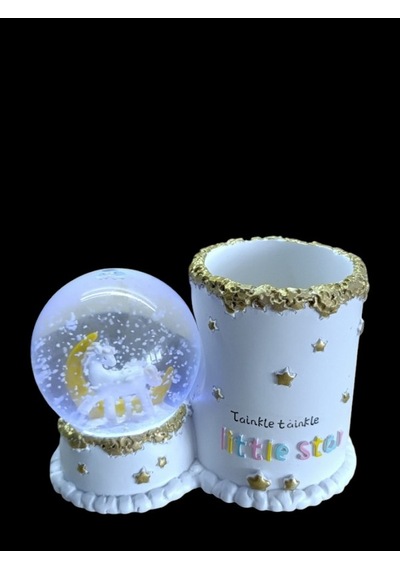 Beyaz At Figürlü 15cmx10cm Ebat Pilli Işıklı Dekoratif Kar Küre Kalemlik 15cm X 10cm