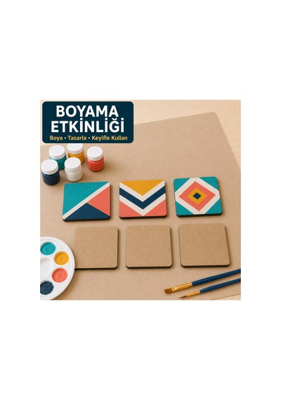 Arliadesign Çukurova Ahşap Lazer Kendin Yap 6 Lı Kare Bardak Altlığı Seti Standlı 12x12 Cm Ham Mdf