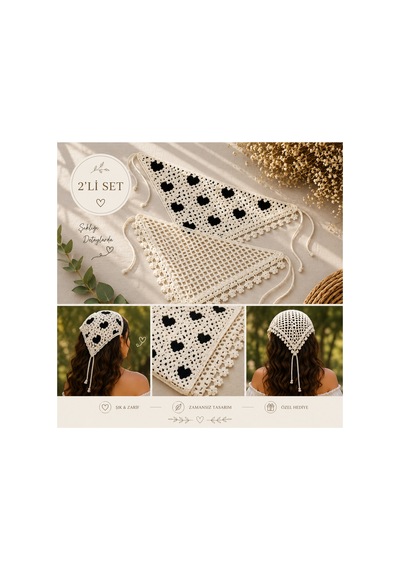Örgü Bandana 2 Li Set Düz Krem+ Sıayh Kalpli - 921866029 Düz Krem+ Sıayh Kalpli