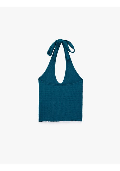 Koton Bürümcük Kumaş Slim Fit Boyundan Bağlamalı Sırt Dekolteli Halter Yaka Bluz Mavi 6sak10347ek