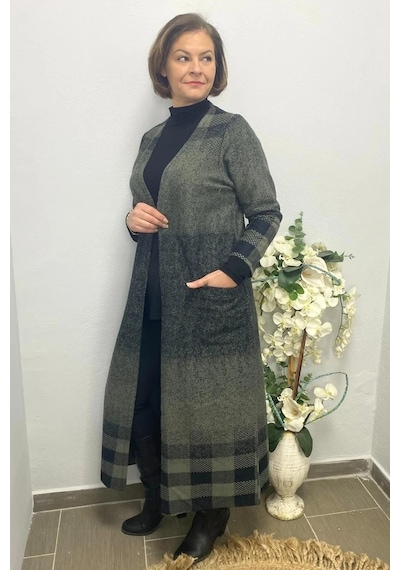 Mia Butik Büyük Beden Haki Siyah Kare Desenli Uzun Hırka Haki