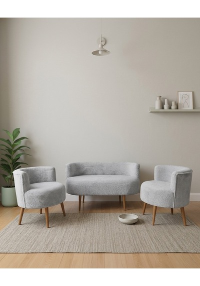 Sydney 2+1+1 Welsoft Tüylü Yumuşak Kumaş Balkon Çay Seti Koltuk Takımı - Ahşap Ayak - Açık Gri