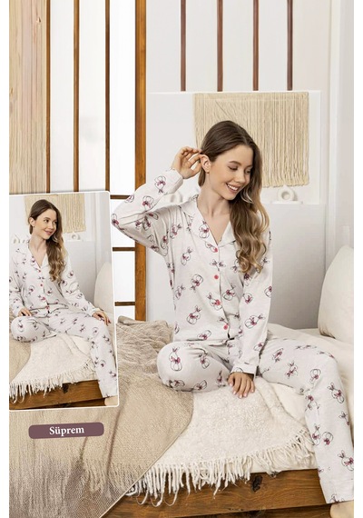 Remsa Kadın Tavşan Desen Suprem Düğmeli Pijama Takımı 0371 Vizon03 Vizon03