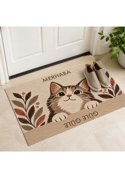 Kartela Halı Merhaba Güle Güle Kedili Kapı Paspası Bej Kaymaz Kauçuk Taban Yıkanabilir 60x90 Cm