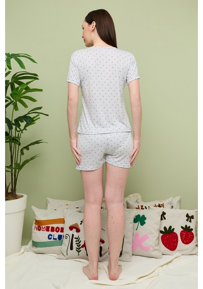 Fullamoda Yıldız Desenli Bisiklet Yaka Şortlu Pijama Takımı Gri