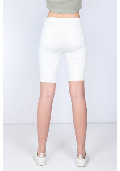 Blue White Kadın Bermuda Jean Şort BEYAZ