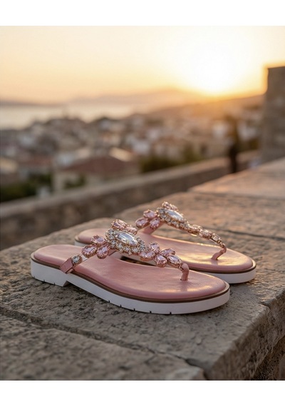 Futsishoes Julıette Pembe Hakiki Deri Taş İşlemeli Parmak Arası Kadın Terlik