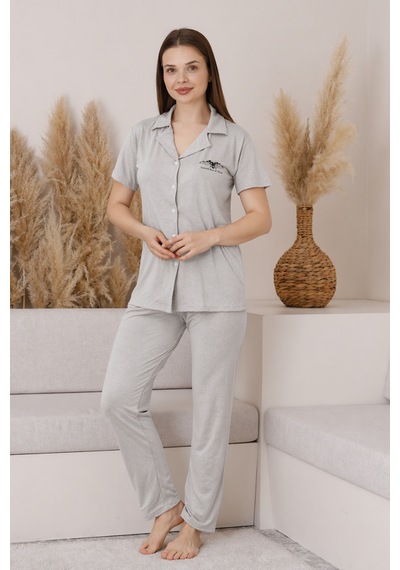 Wordex Mirano 2950 Polyviscon Kumaş Kısa Kollu Düğmeli Kadın Pijama Takımı Taş