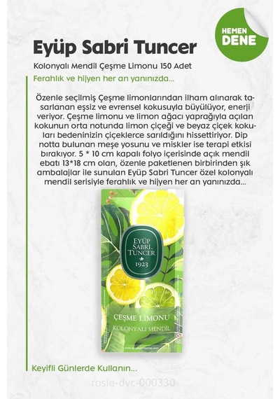 Eyüp Sabri Tuncer Kolonyalı Mendil Çeşme Limonu 3 Paket 150'li Ve Rosıe Pamuk