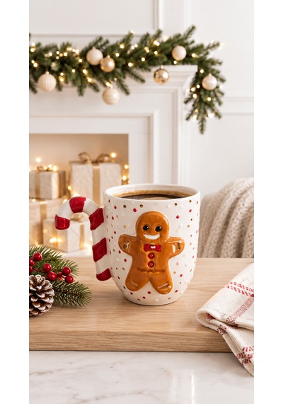 Kurabiye Adam Figürlü El Yapımı Seramik Mug 300 Ml 24k Altın Kahverengi - Altın