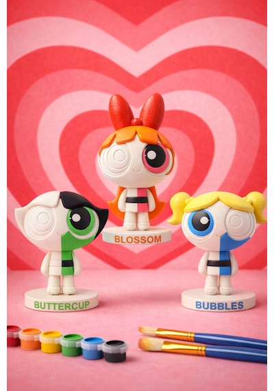 Powerpuff Girls Boyanabilir 3'lü Figür Seti Çocuklar İçin Eğitici Aktivite 6 Renk Boya - 2 Fırça
