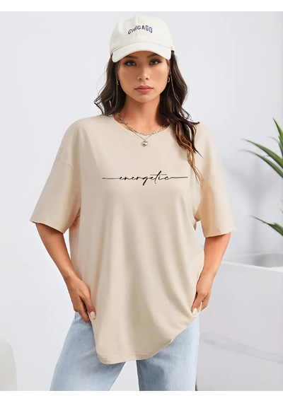 Energetic Yazılı T-shirt - Bej Baskılı Oversize Bisiklet Yaka Kısa Kol Tişört Bej