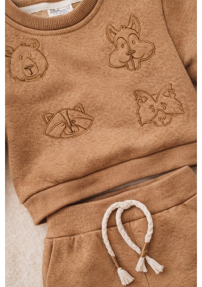Uğur Bebe Camel Renk İşlemeli Bebek Takımı Kalın İçi Şardonlu Omuzdan Çıtçıtlı Camel Camel