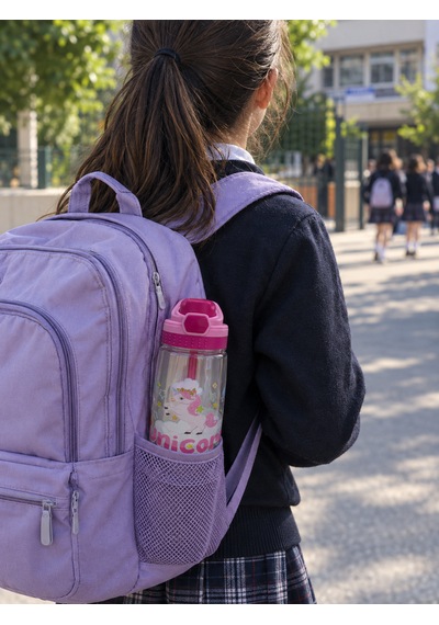 480 Ml Baskılı Çocuk Matarası Kilitli Kapak Ve Taşıma Kulpu Pembe