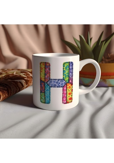 H Harfi Renkli Yamalı Tasarım Kupa Bardak - Bohem Patchwork Desenli Kupa - Etnik Hediyelik Beyaz