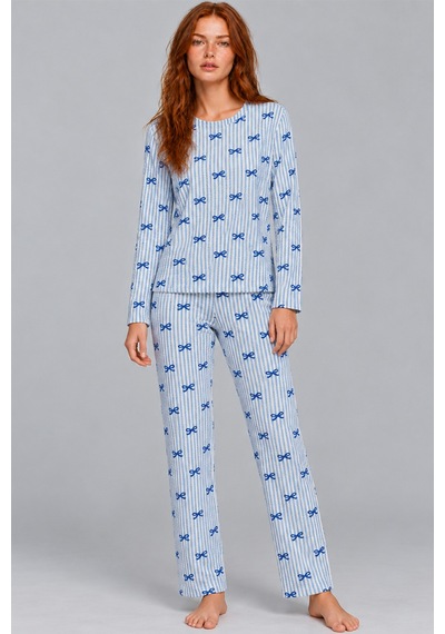 Kadın Desenli İkili Mavi Rahat Pijama Takımı 4815
