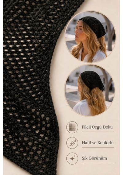 Siyah Fileli Örgü Bandana Kadın Bağlamalı Saç Bandı Hafif Esnek Günlük Bandana Siyah - 884327932 Siyah