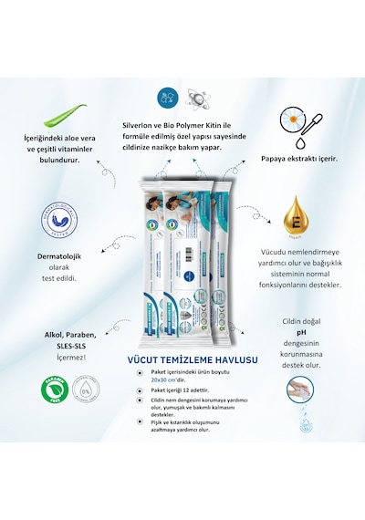 Gümüş İyonlu Kremli Vücut Temizleme Havlusu 12 Li X 3 Paket 36 Adet