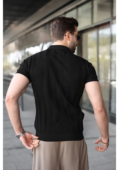 Madmext Siyah Slim Fit Polo Yaka Triko Erkek Tişört E7491