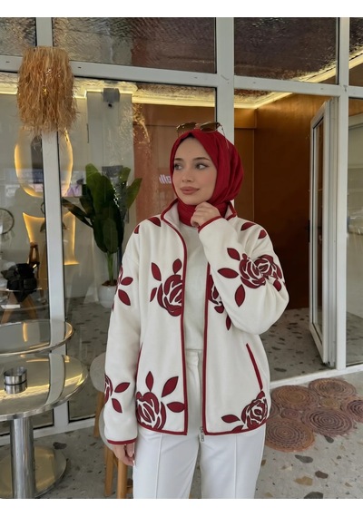 Trend Paris Gül Desenli Polar Hırka / Fermuarlı Ceket Kırmızı Standart