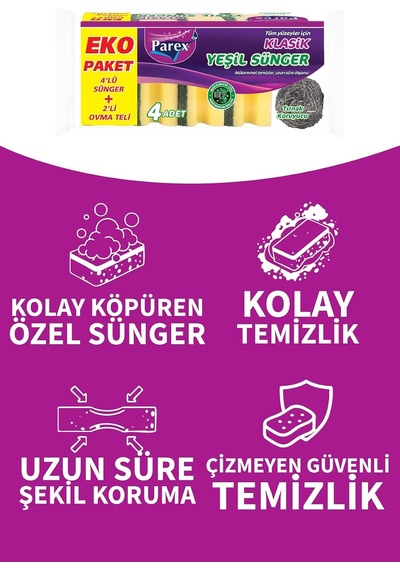 Tr Klasik Yeşil Sünger Oluklu 4'lü + 2'li Ovma Teli Genel