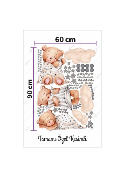 MSticker 3'lü Uyuyan Ayıcık Bulutlar Ve Yıldızlar Çocuk Bebek Odası Sticker Seti Pembe