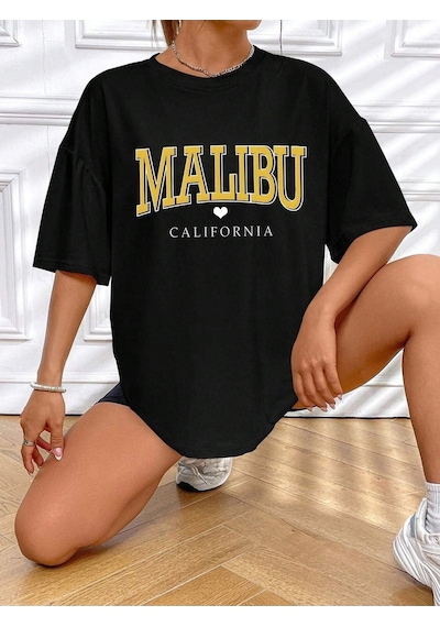 Malibu Kalp T-shirt - Siyah Baskılı Oversize Bisiklet Yaka Kısa Kol SIYAH