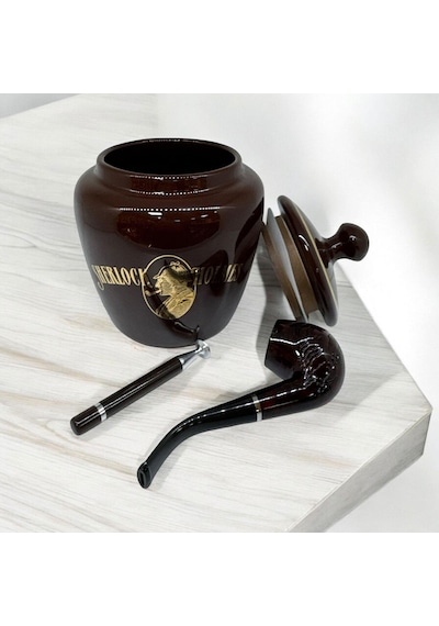 Sherlock Holmes El Yapımı Seramik Pipo Tutun Kavanozu Kahve Large