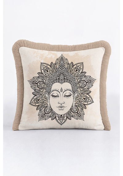 Mandala Sanatlı Saçaklı Yastık Kılıfı - Spiritüel Bohem Buda Bej Püsküllü Kırlent Kılıfı Açık Deniz Platin