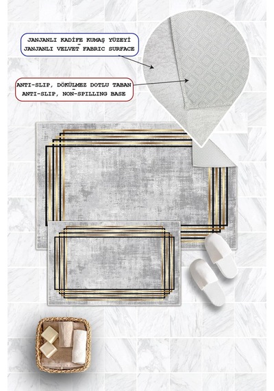 Dijital Baskı Çerçeveli Kaymaz Taban 2li Set Banyo Paspası Klozet Takımı 50x60cm-60x100cm Gri