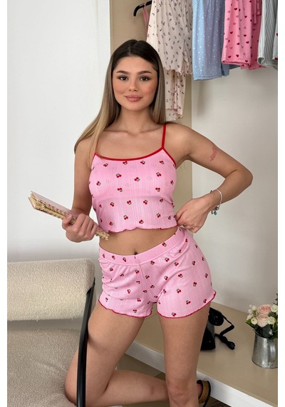 Giysa Kadın Askılı Kaplı Kiraz Desenli Şortlu Pijama Takımı Pembe - 3403