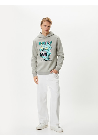 Koton Canavar Baskılı Hoodie Rahat Kesim Uzun Kollu Ribanalı Gri 4wam70430mk Gri