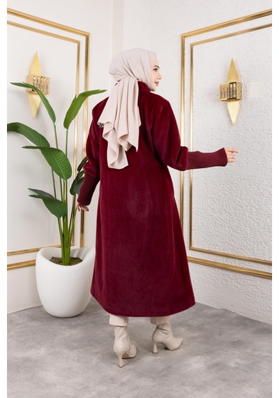 Hb Harma Time Butik Kadın Astarlı Angora Düğmeli Bordo Kaban