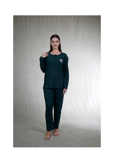 Estiva Kadın Nakış İşlemeli Patlı İnterlok Şardonlu Pijama Takımı Haki