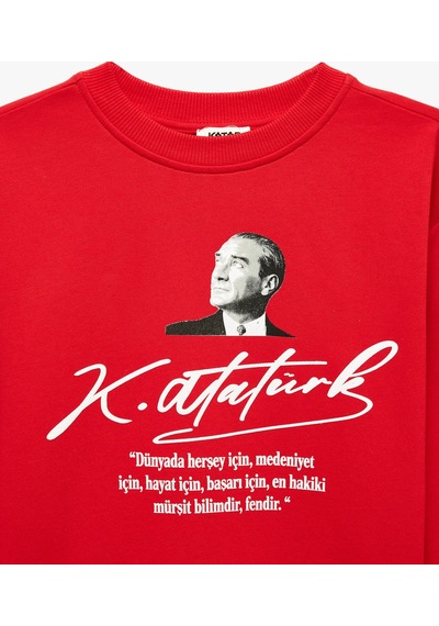 Koton Atatürk Baskılı Uzun Kollu Bisiklet Yaka Pamuklu Sweatshirt Kırmızı 7wkg10705ak