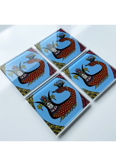 Cam Bardak Altlığı Klasik Şahmeran 4'lü Takım 10cm X 10cm Beyaz