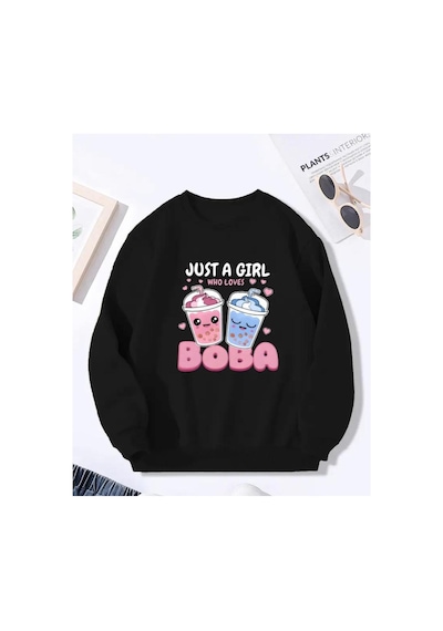 Herkesemoda Boba Baskı Detaylı Bisiklet Yaka İçi Polarlı Sweatshirt Siyah