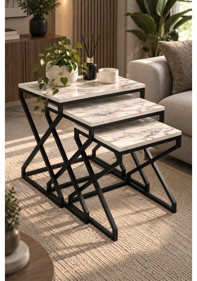 Sulorahome Modern Zigon Sehpa Seti - Beyaz Mermer Desenli Ve Siyah Metal Ayaklı Beyaz - Beyaz Mermer