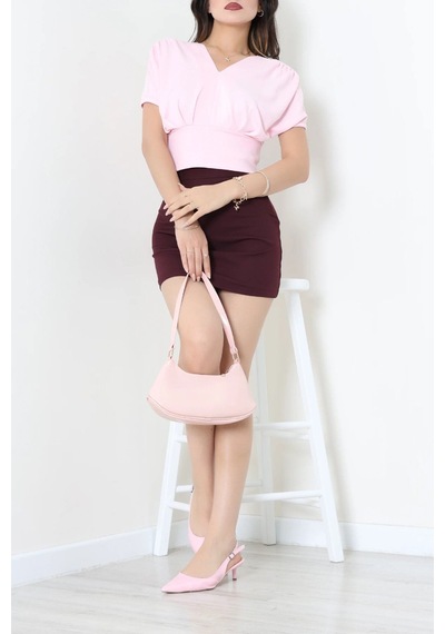 Modi Yarasa Kol Belden Oturtmalı Bluz Pembe - 72001.2221. Acık Pembe