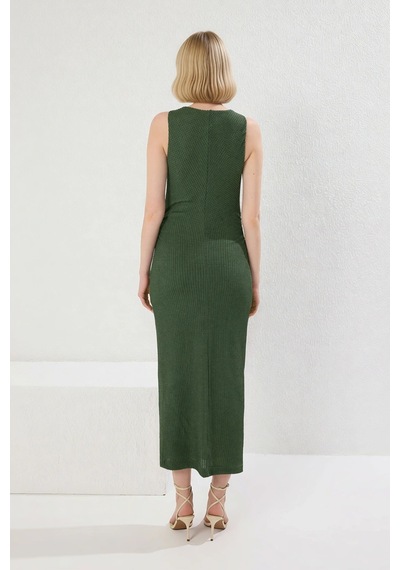 Benerly Kadın Kolsuz Bisiklet Yaka Midi Bodycon Gofre Dokulu Astarlı Örme Haki