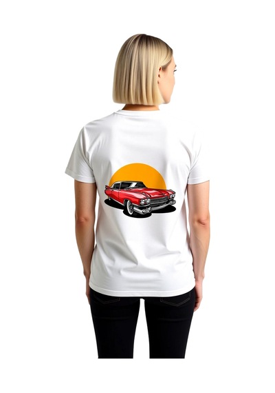 Paybuy Klasik Araç Krom Detaylı Retro Tasarım Baskılı Kadın Tişört Beyaz