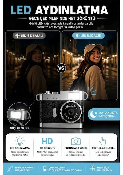 Ezere Pixcam Vintage Taşınabilir Mini Dijital Kamera Selfie Video Vlog Kamerası Mini Anahtarlık 1080p- 5775