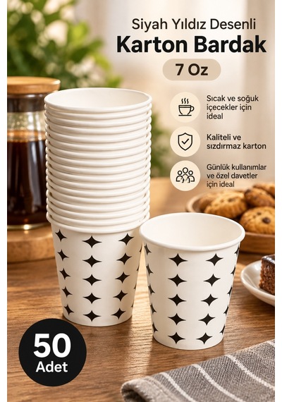 Siyah Yıldız Desenli Karton Bardak - 7 Oz - 50 Li Paket Diğer
