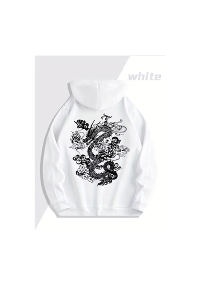 Nevermind Sevgili Kombini Ejderha Sırt Desenli Kapşonlu Sweatshirt Oversi Beyaz
